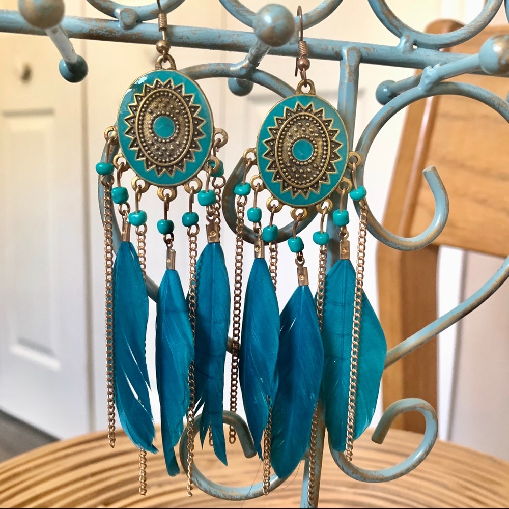 Beautiful blue feather earrings boho style